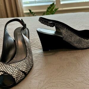 Stuart Weitzman black/white  “crossword”  sling back wedge